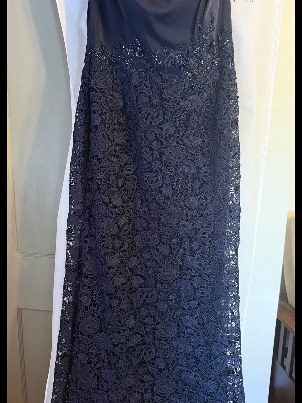 Mon Cheri Navy Lace Evening Gown